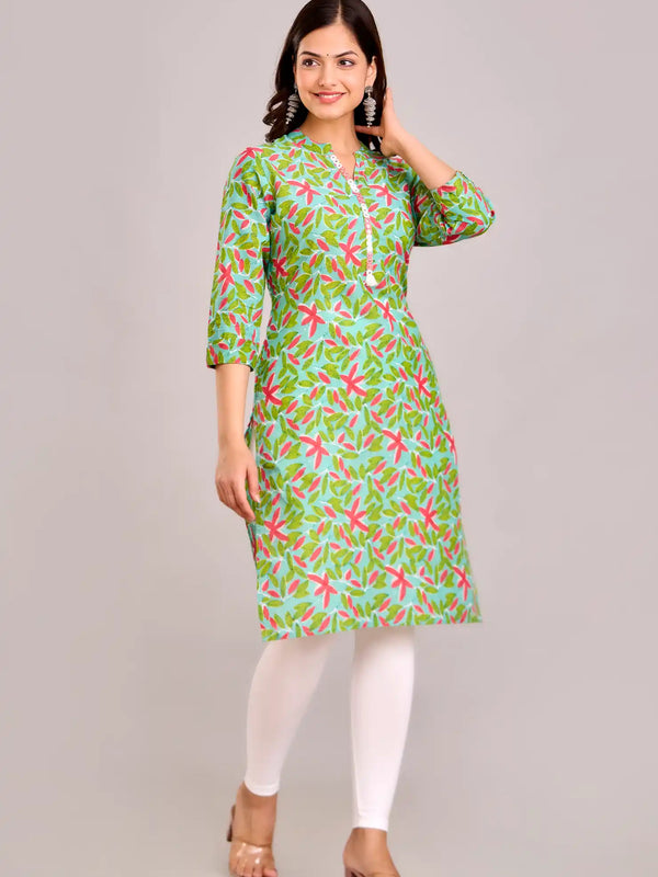 Floral Printed Green Aline Kurta