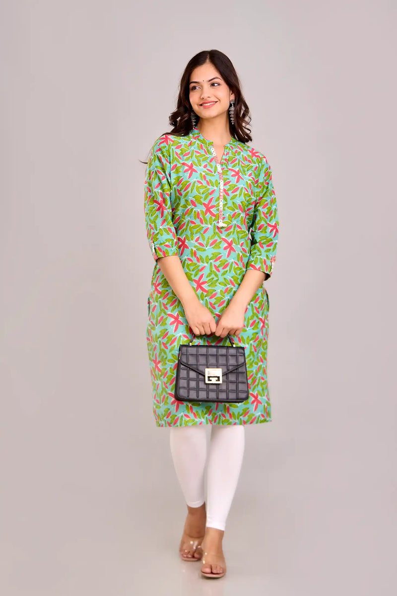 Floral Printed Green Aline Kurta