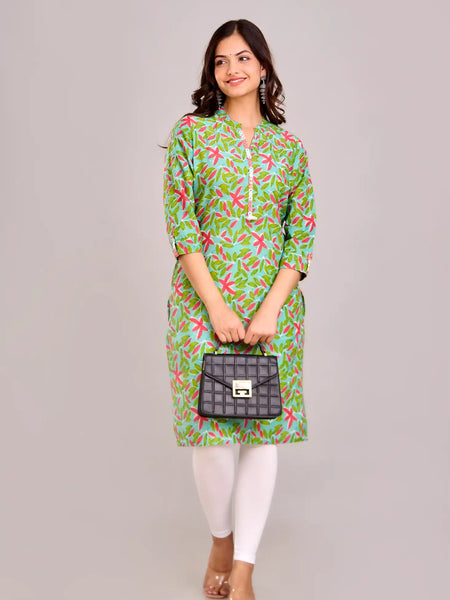 Floral Printed Green Aline Kurta