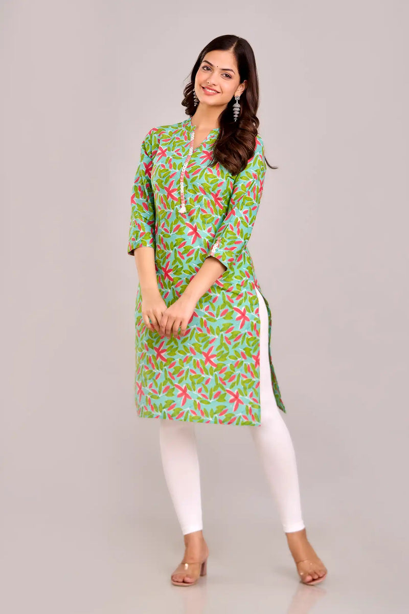 Floral Printed Green Aline Kurta