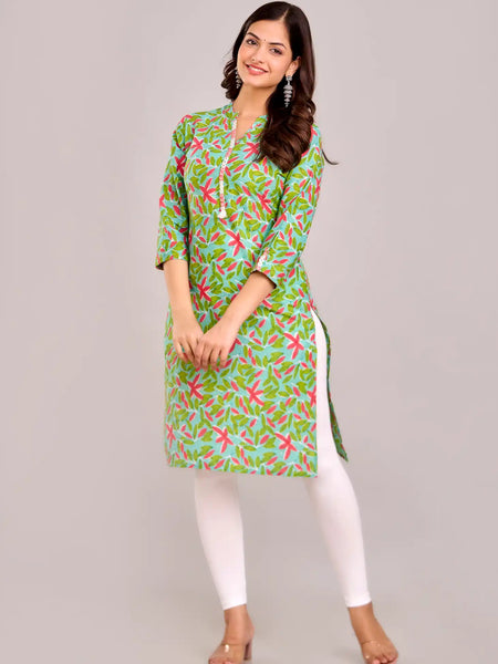 Floral Printed Green Aline Kurta