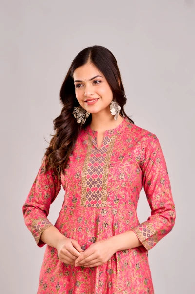 Close up of Bairaj Women's Designer Peach Anarkali Printed Gown