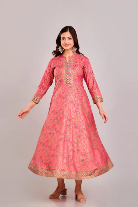 Casual Look of Bairaj Women's Designer Peach Anarkali Printed Gown
