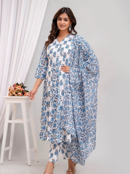 Bairaj Printed Kali Women Kurta Pyjama Dupatta Set in Viscose Rayon