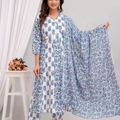 Bairaj Printed Kali Women Kurta Pyjama Dupatta Set in Viscose Rayon