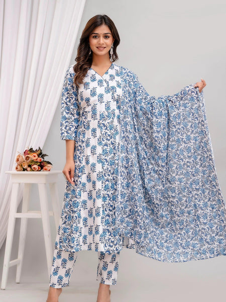 Bairaj Printed Kali Women Kurta Pyjama Dupatta Set in Viscose Rayon