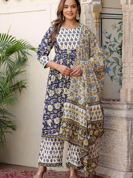 Bairaj Printed Women Anarkali Kurta Pyjama Dupatta Set in Viscose Rayon