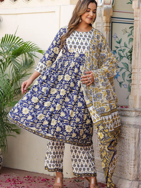 Bairaj Printed Women Anarkali Kurta Pyjama Dupatta Set in Viscose Rayon