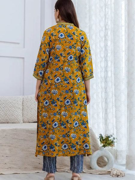 Bairaj Women's Floral Printed A-Line Mustard Kurta Set Back View