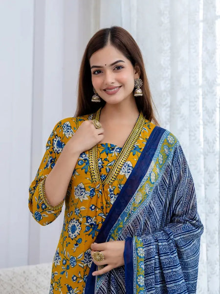 Bairaj Women's Floral Printed A-Line Mustard Kurta Set with Dupatta Closeup View