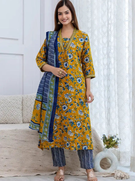 Mustard Printed A Line Kurta Set