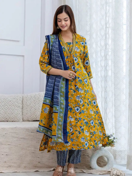 Bairaj Women's Floral Printed A-Line Mustard Kurta Set with Dupatta Casual View