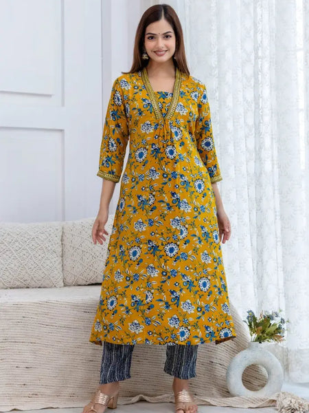 Bairaj Women's Floral Printed A-Line Mustard Kurta Set
