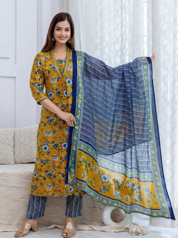 Bairaj Women's Floral Printed A-Line Mustard Kurta Set with Dupatta