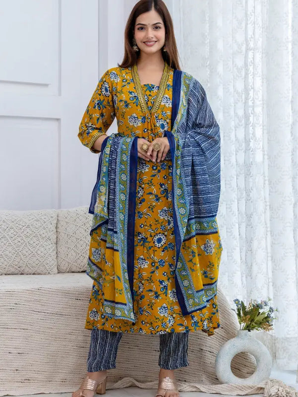 Bairaj Women's Floral Printed A-Line Mustard Kurta Set with Dupatta Front View