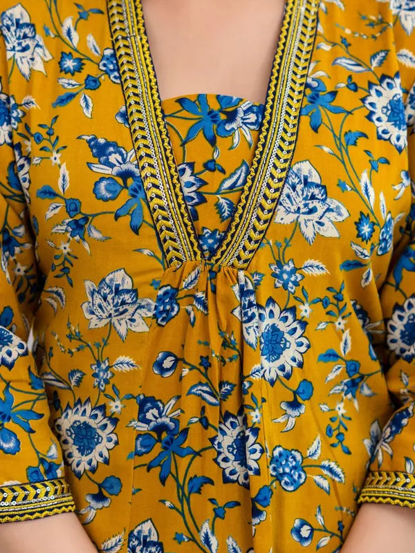 Bairaj Women's Floral Printed A-Line Mustard Kurta Set with Dupatta Neck View