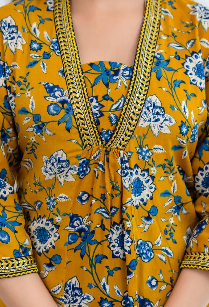 Mustard Printed A Line Kurta Set