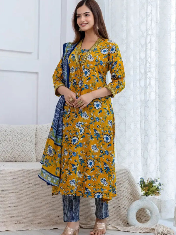 Bairaj Women's Floral Printed A-Line Mustard Kurta Set with Dupatta Side View