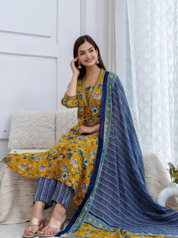 Bairaj Women's Floral Printed A-Line Mustard Kurta Set with Dupatta Sitting VIew