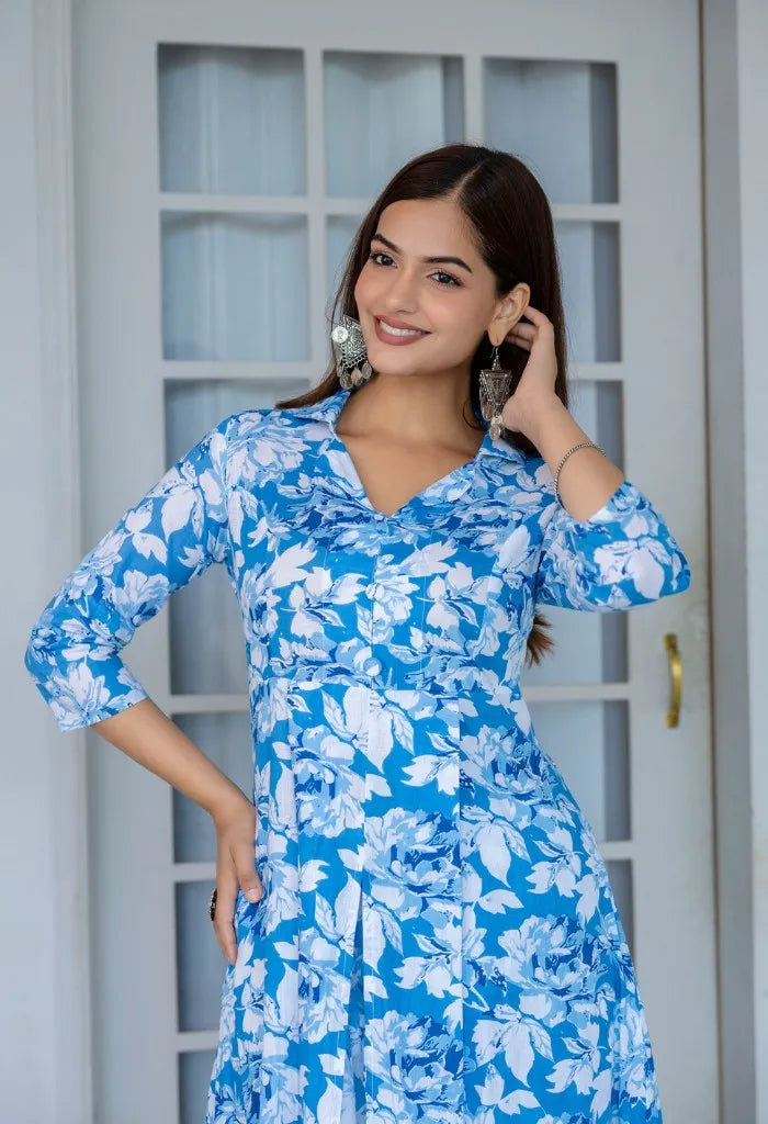 Bairaj Women's Floral Print Blue Cord A-Line Kurta Set Front