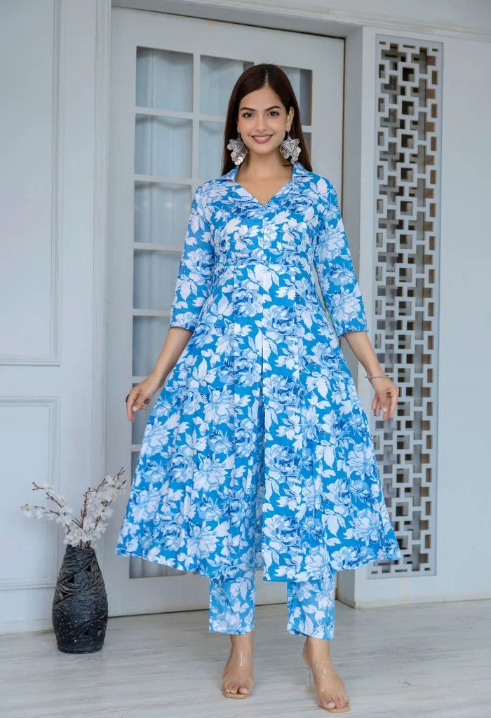 Bairaj Women's Floral Print Blue Cord A-Line Kurta Set Front