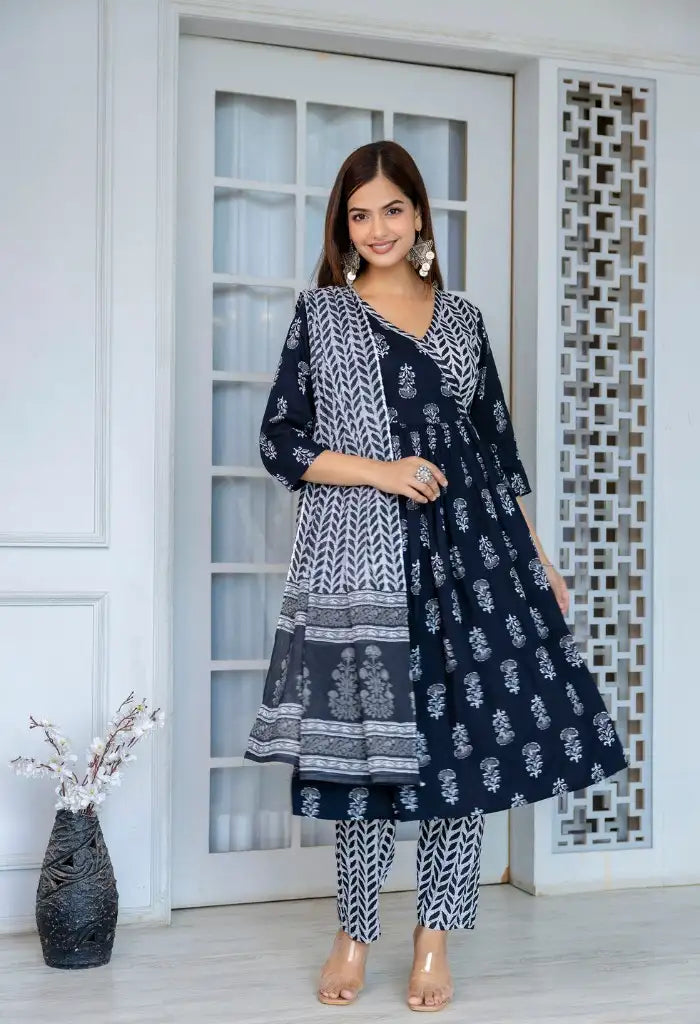 Black & White Print A Line Kurta Set