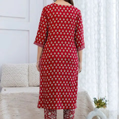 Bairaj Women's Red Printed Straight Kurta Set Back View
