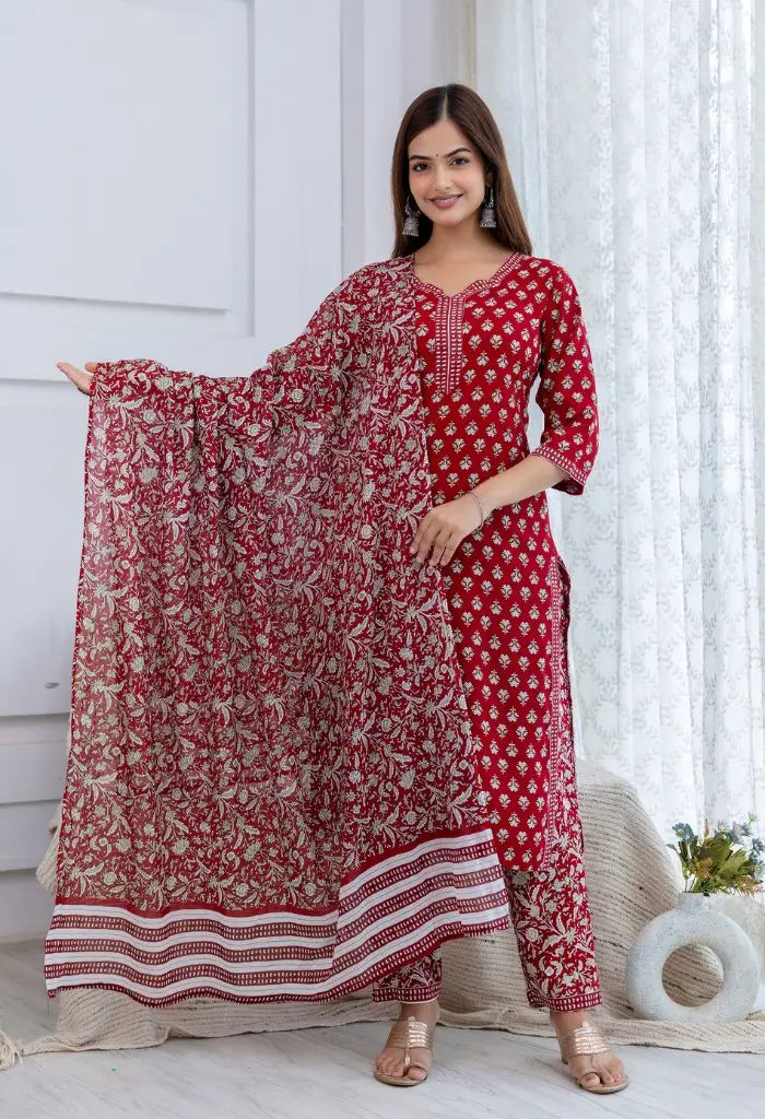 Bairaj Women's Red Printed Straight Kurta Set With Dupatta