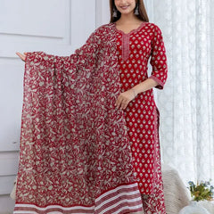 Bairaj Women's Red Printed Straight Kurta Set With Dupatta