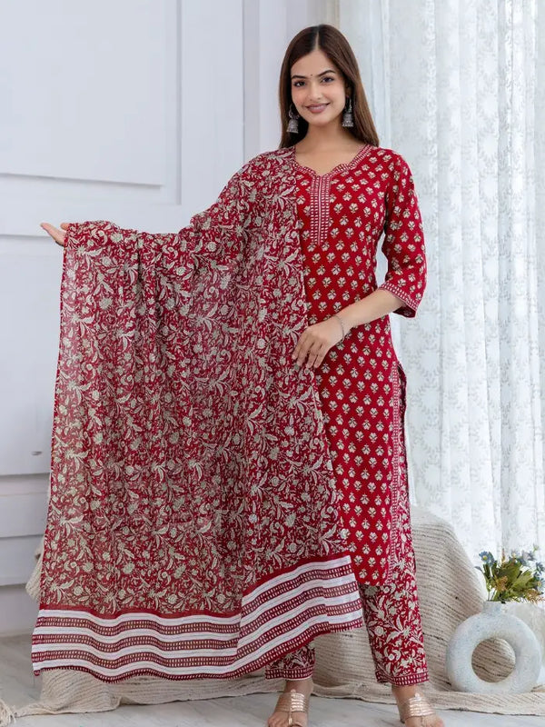 Bairaj Women's Red Printed Straight Kurta Set With Dupatta