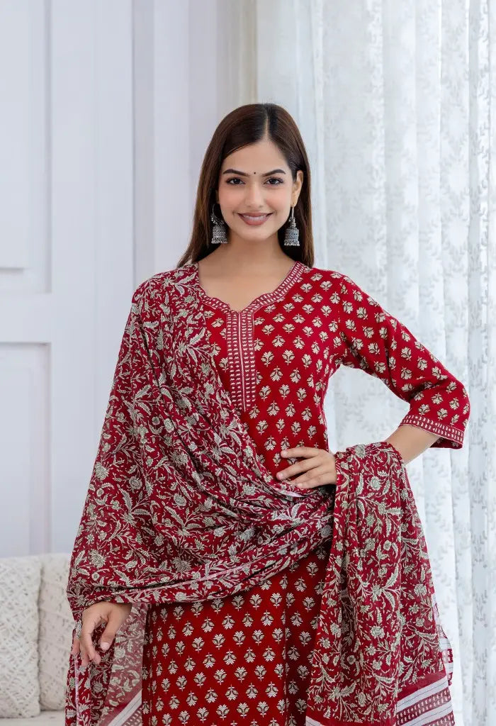 Bairaj Women's Red Printed Straight Kurta Set Closeup