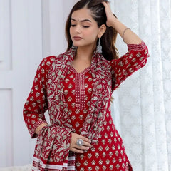 Bairaj Women's Red Printed Straight Kurta Set Closeup View
