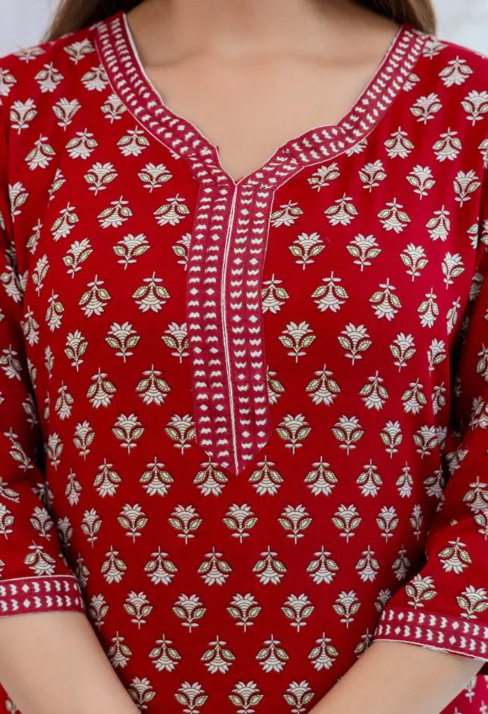 Bairaj Women's Red Printed Straight Kurta Set details