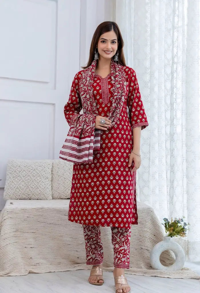 Bairaj Women's Red Printed Straight Kurta Set with Dupatta Front View