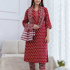 Bairaj Women's Red Printed Straight Kurta Set with Dupatta Front View