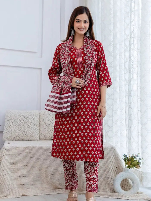 Bairaj Women's Red Printed Straight Kurta Set with Dupatta Front View