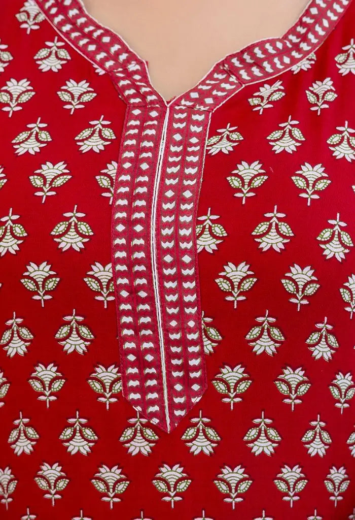 Bairaj Women's Red Printed Straight Kurta Set - Neck Details
