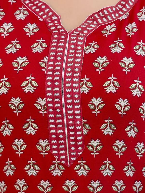 Bairaj Women's Red Printed Straight Kurta Set - Neck Details