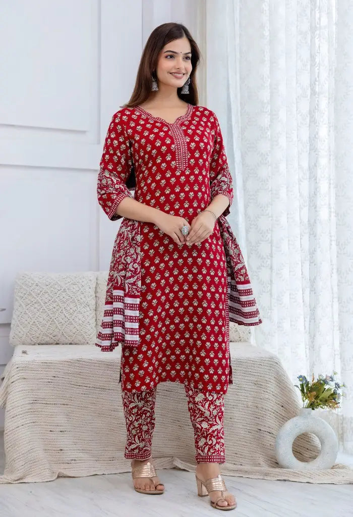 Bairaj Women Red Printed Straight Kurta Set with Dupatta