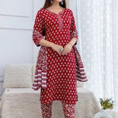 Bairaj Women Red Printed Straight Kurta Set with Dupatta