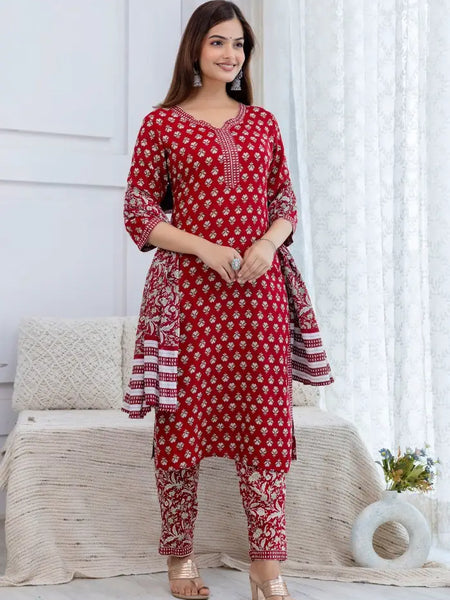 Bairaj Women Red Printed Straight Kurta Set with Dupatta