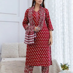 Bairaj Women Red Printed Straight Kurta Set Side View