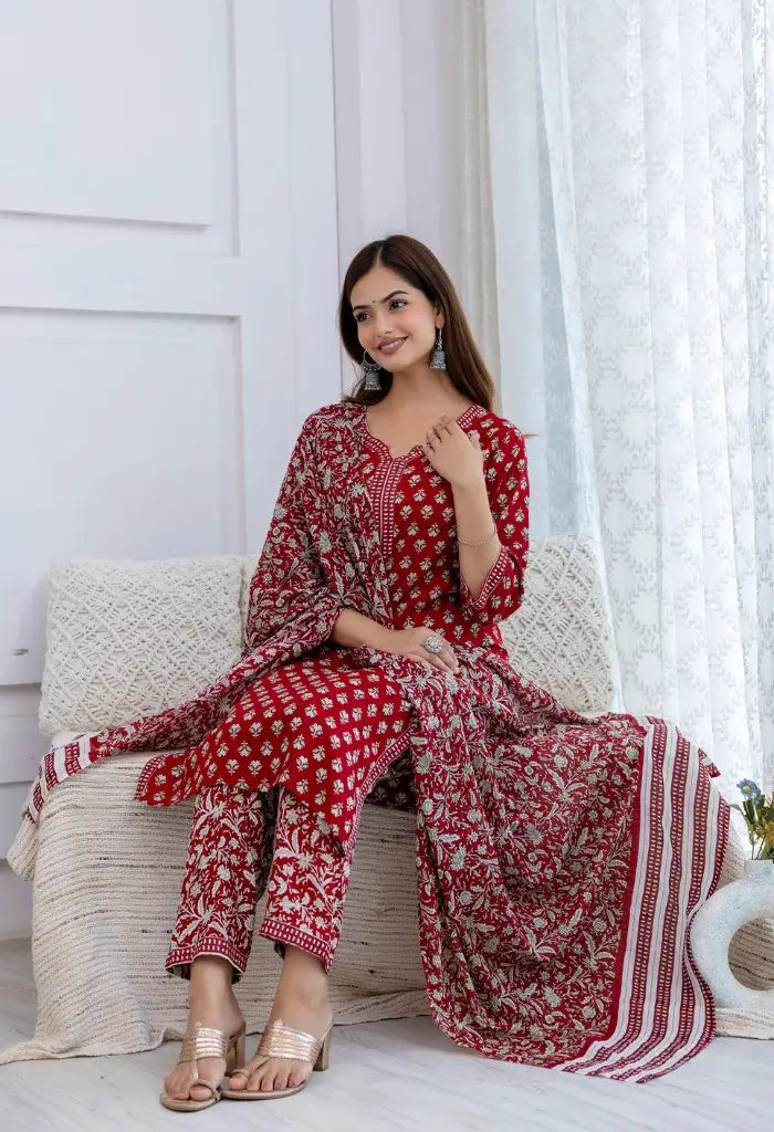 Bairaj Women's Red Printed Straight Kurta Set Sitting View