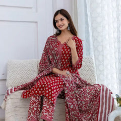 Bairaj Women's Red Printed Straight Kurta Set Sitting View