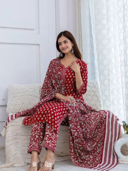 Bairaj Women's Red Printed Straight Kurta Set Sitting View