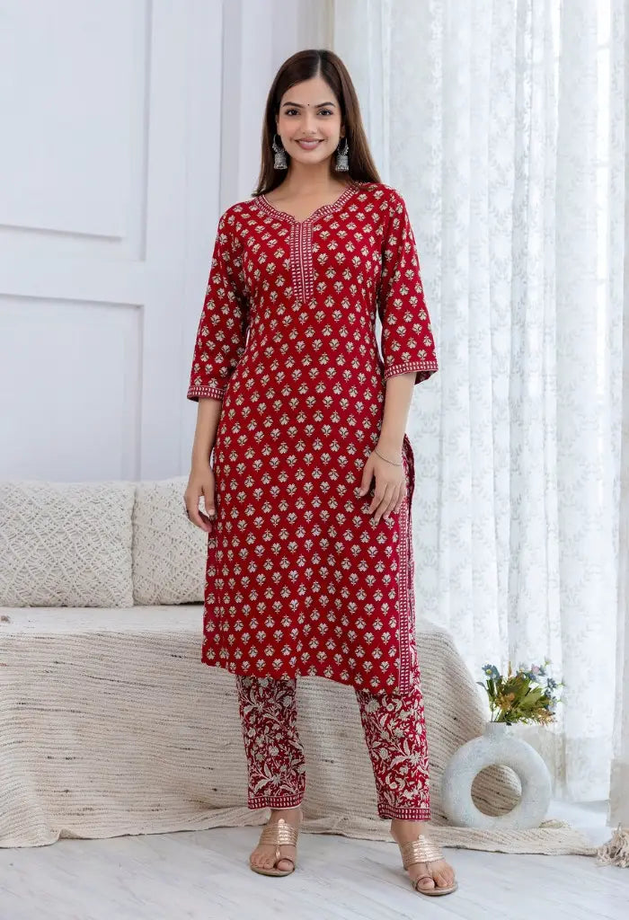 Bairaj Women's Red Printed Straight Kurta Set Front