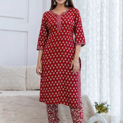 Bairaj Women's Red Printed Straight Kurta Set Front