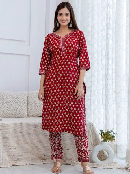 Bairaj Women's Red Printed Straight Kurta Set Front
