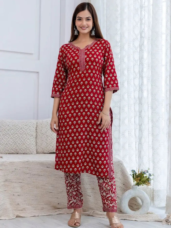 Bairaj Women's Red Printed Straight Kurta Set Front