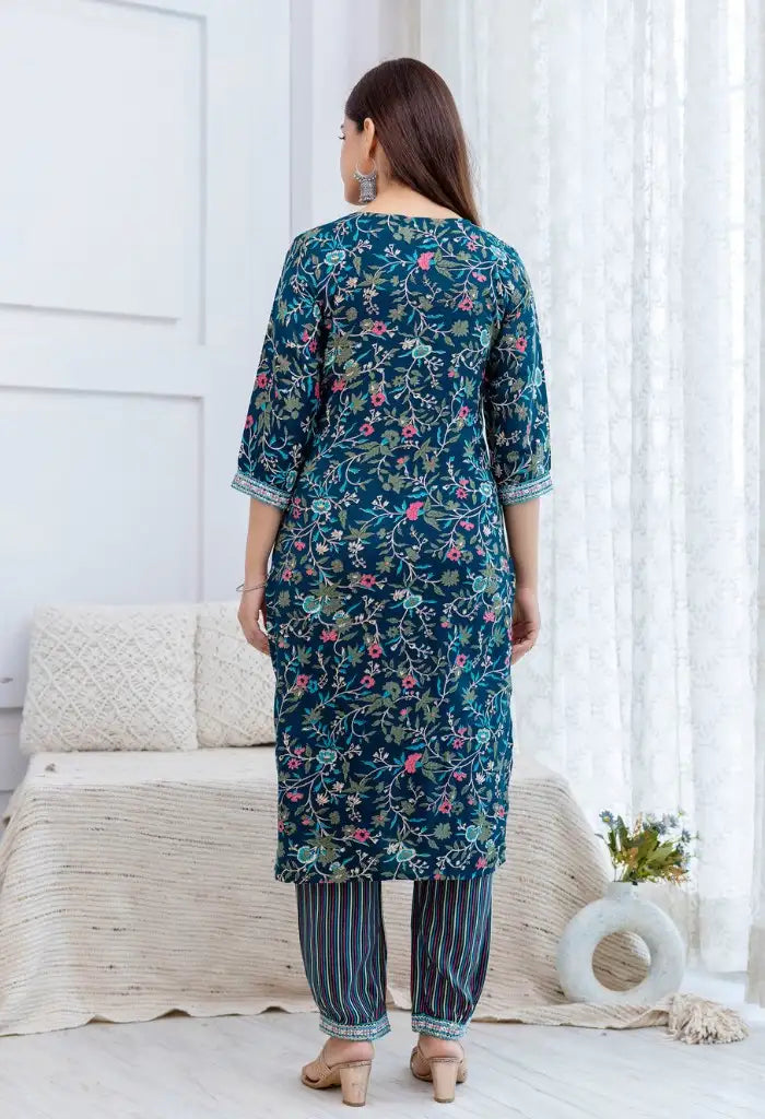Teal Rayon Floral Print Kurta Set